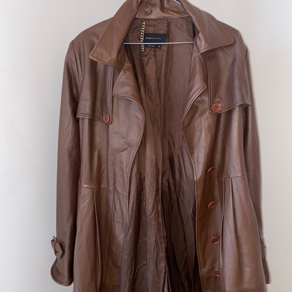 BCBGMAXAZRIA Unisex brown trench coat REAL LEATHER SIZE 10 VINTAGE - Picture 2 of 3